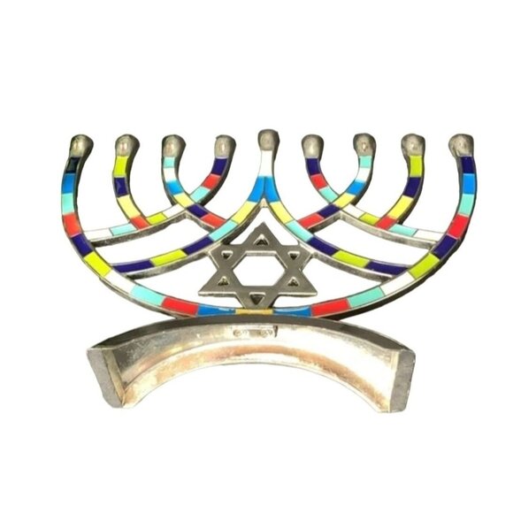 Jewish Hanukkah Metal With Inlaid Multicolored Mosaic Menorah With Star of David - Picture 7 of 7